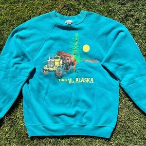 Vintage Tultex Alaska Nature Trucking Logging Sweatshirt Thorn Bay Teal Med Flaw